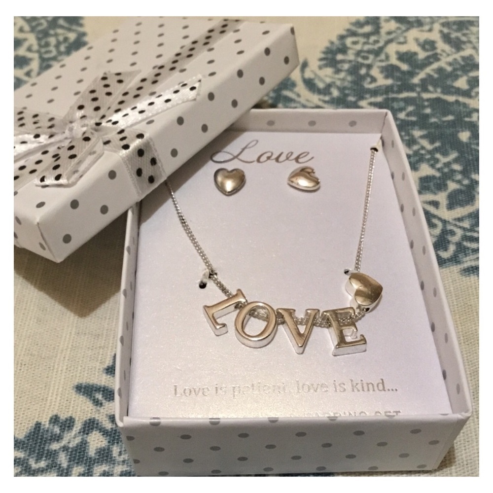 Cute Silver “LOVE’ Necklace Earrings Gift Box Set
